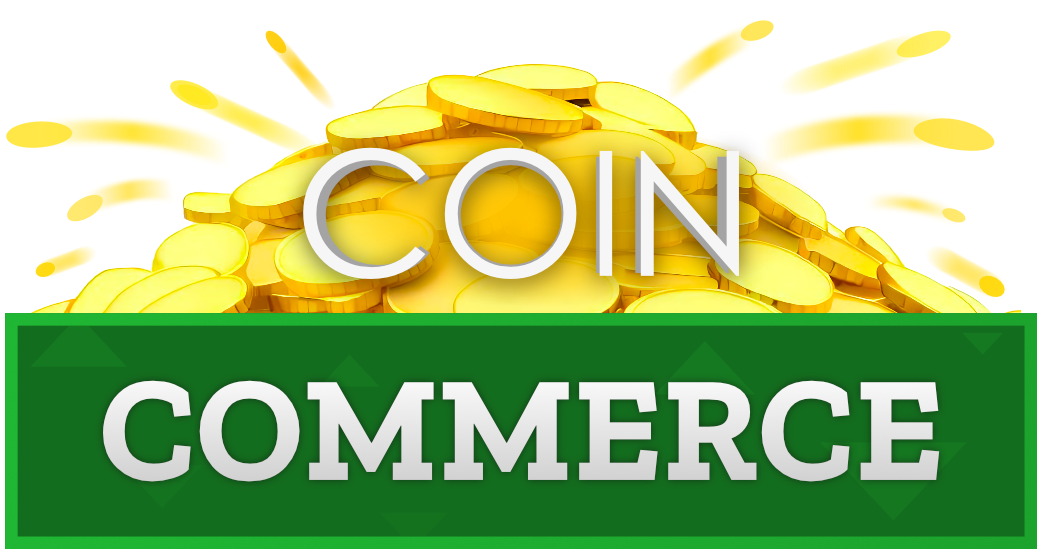 CoinCommerce game logo. The word "COIN" in all capital 3D white art deco font sits in front of a big pile of golden coins with lots of golden coins shooting out from the pile of coins, leaving countless motion trails behind. It sits atop of a dark green si